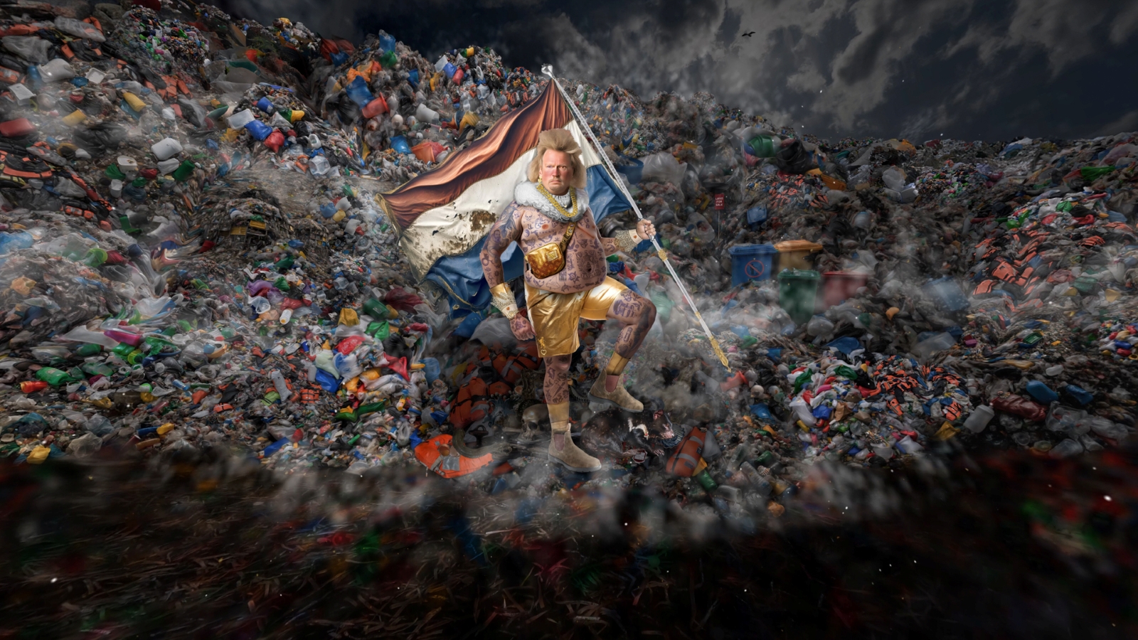 Fantazijní scéna muže v kostýmu pózujícího s vlajkou na vrcholu hromady odpadků pod dramatickou oblohou.