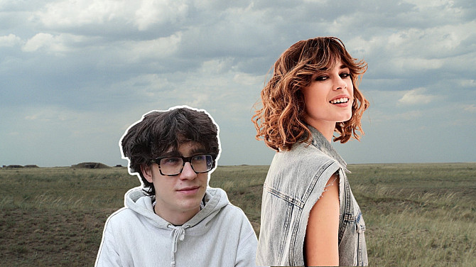 Koláž z fotek dvou osob, za nimi je louka a zamračené nebe.